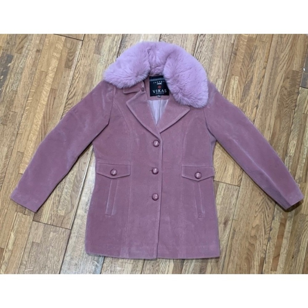 Vikas Jackets Oswal Kids Pink Faux Fur Collar Pea Coat Vintage Retro Size-8/10
